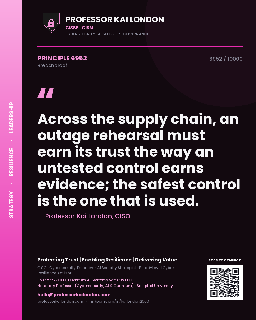Professor Kai London principle 6952: Across the supply chain, an outage rehearsal must earn its trust the way an untested control earns evidence; the safest control is the one that is used.