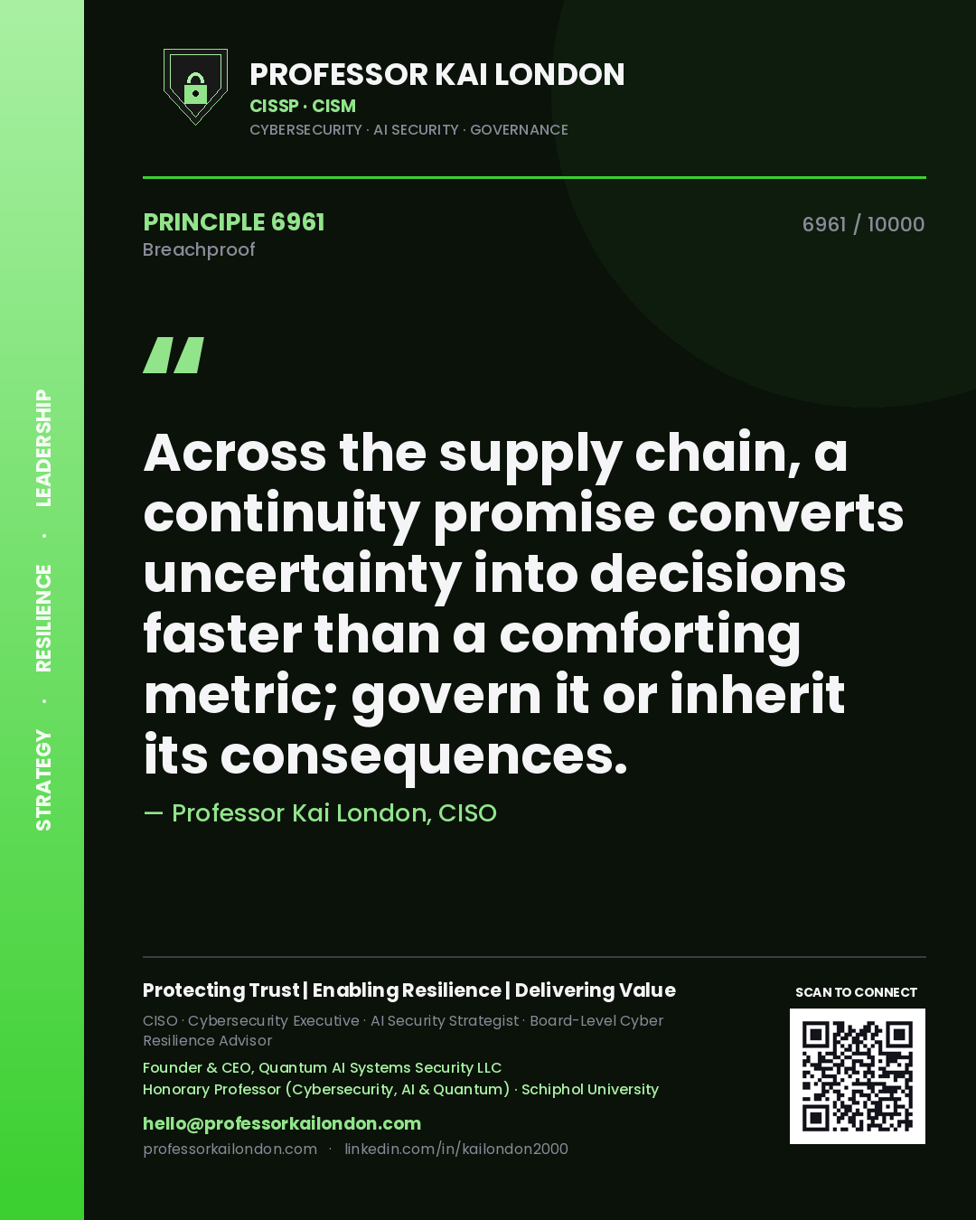 Professor Kai London principle 6961: Across the supply chain, a continuity promise converts uncertainty into decisions faster than a comforting metric; govern it or inherit its consequences.