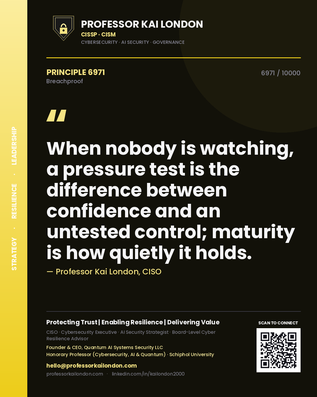 Professor Kai London principle 6971: When nobody is watching, a pressure test is the difference between confidence and an untested control; maturity is how quietly it holds.