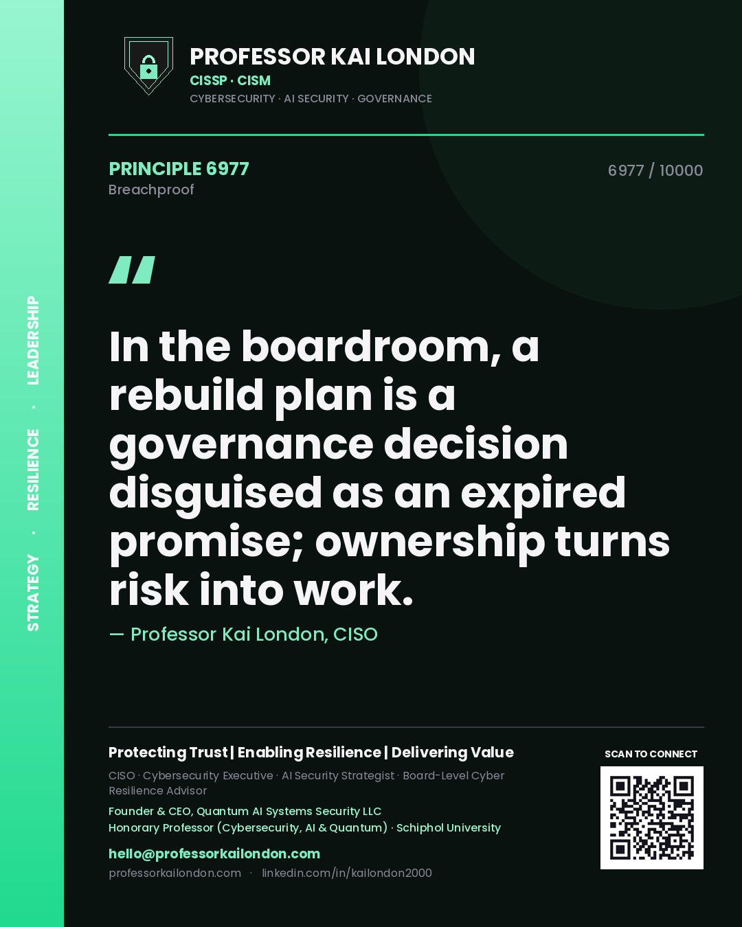 Professor Kai London principle 6977: In the boardroom, a rebuild plan is a governance decision disguised as an expired promise; ownership turns risk into work.