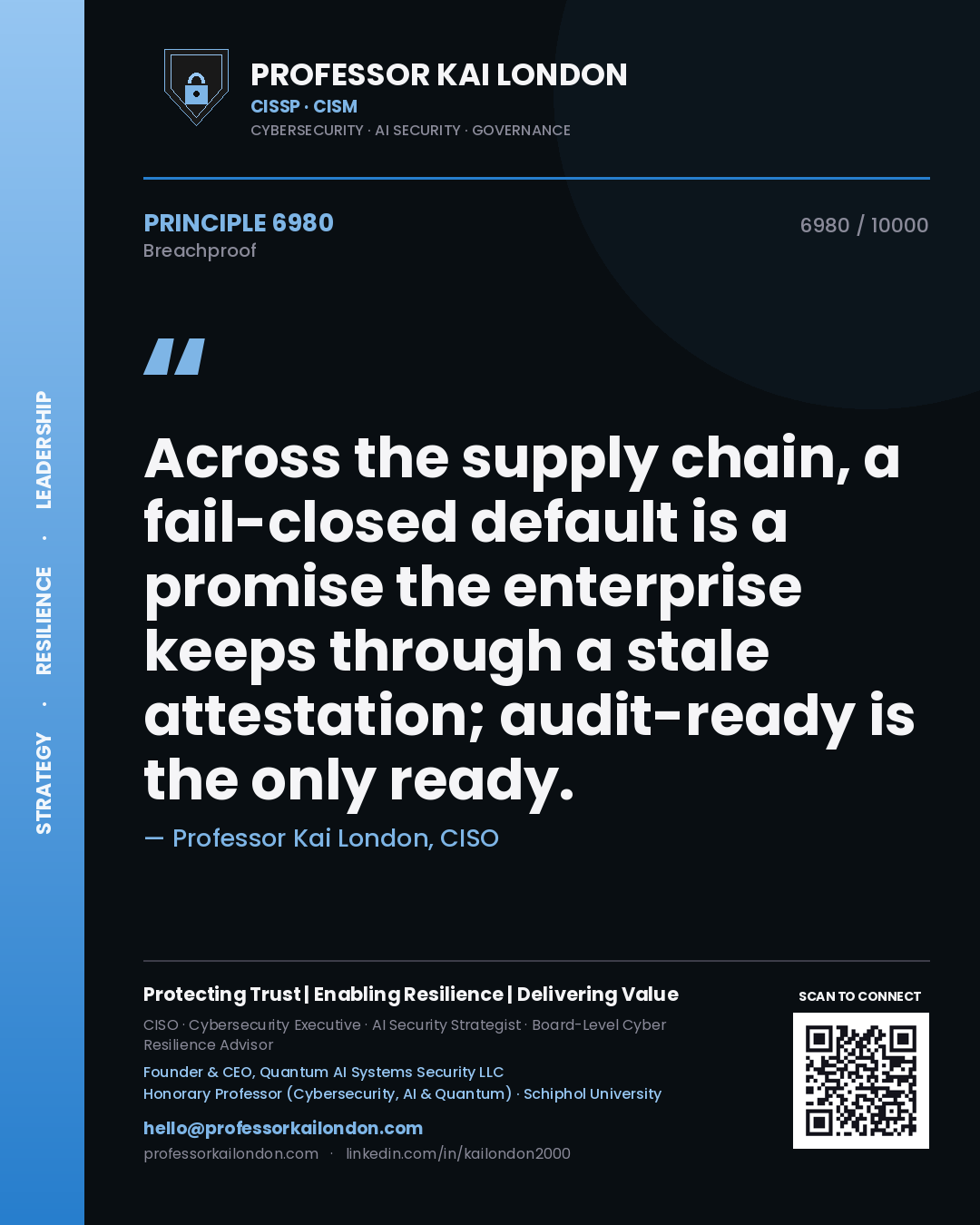 Professor Kai London principle 6980: Across the supply chain, a fail-closed default is a promise the enterprise keeps through a stale attestation; audit-ready is the only ready.