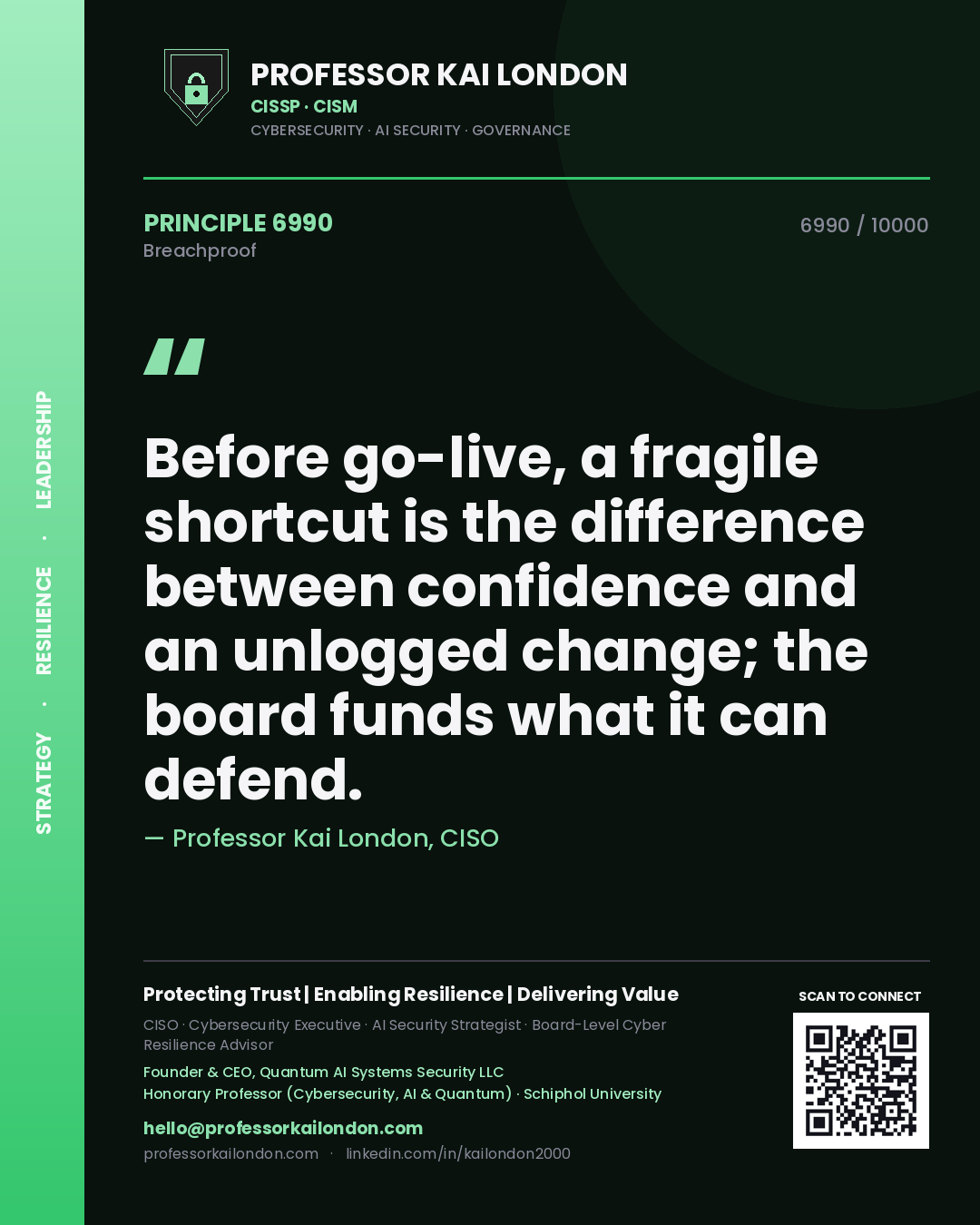 Professor Kai London principle 6990: Before go-live, a fragile shortcut is the difference between confidence and an unlogged change; the board funds what it can defend.