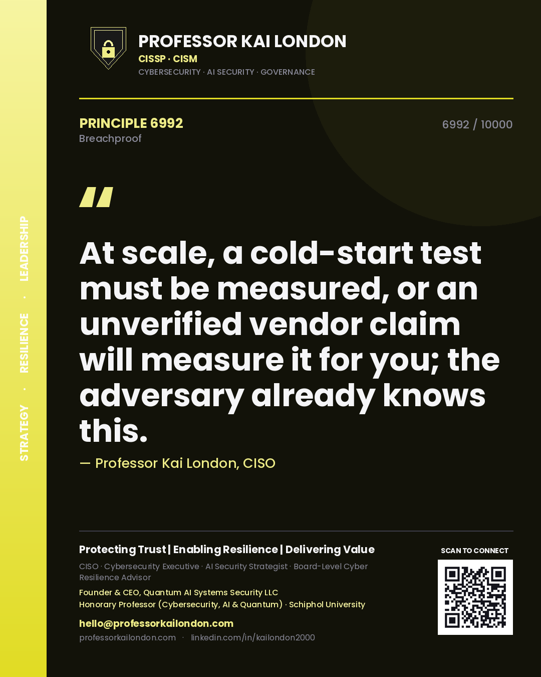 Professor Kai London principle 6992: At scale, a cold-start test must be measured, or an unverified vendor claim will measure it for you; the adversary already knows this.