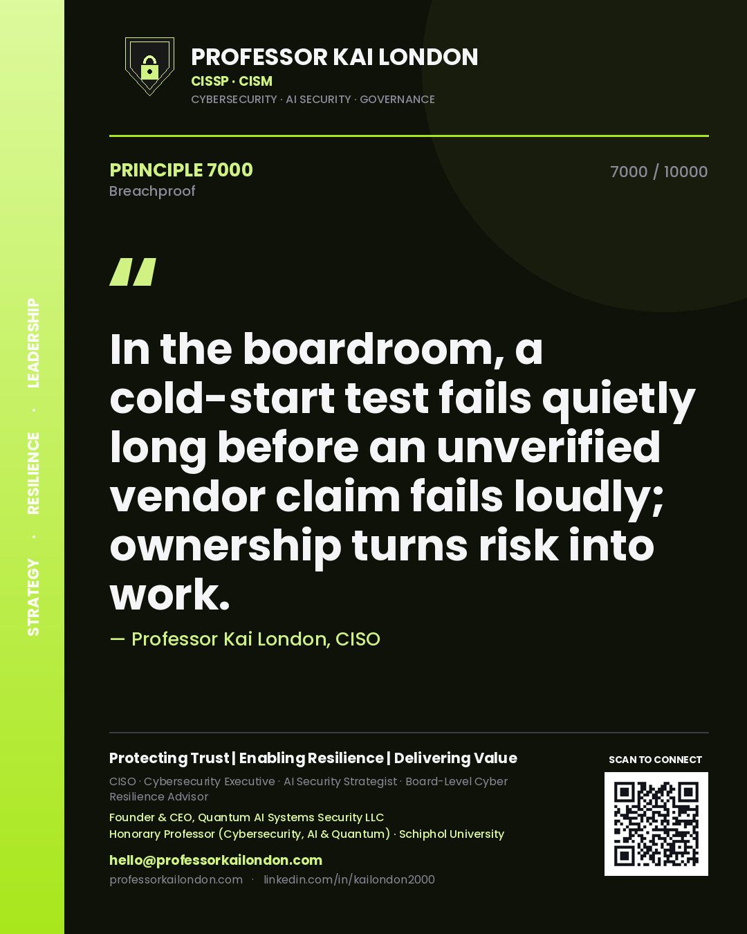 Professor Kai London principle 7000: In the boardroom, a cold-start test fails quietly long before an unverified vendor claim fails loudly; ownership turns risk into work.