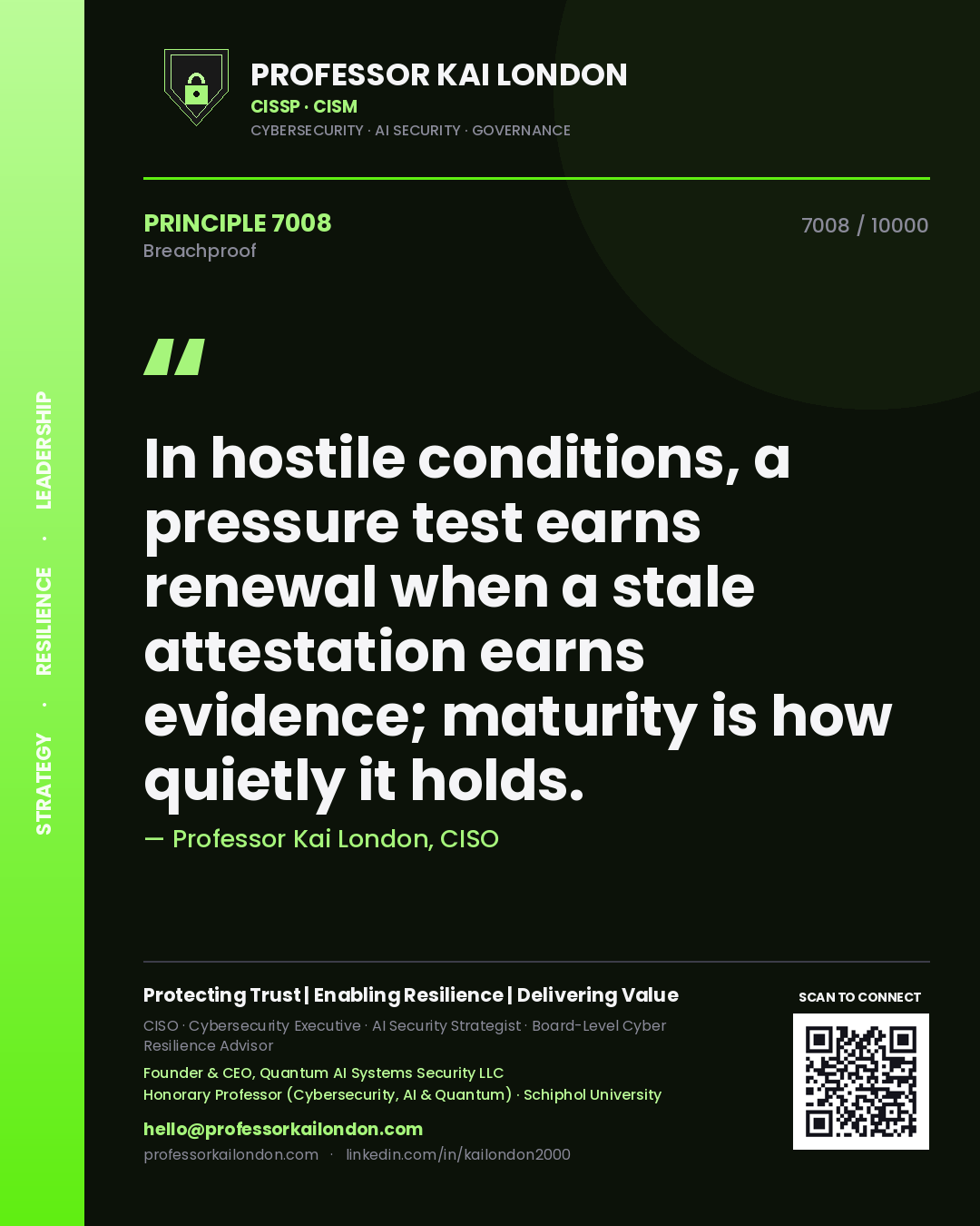 Professor Kai London principle 7008: In hostile conditions, a pressure test earns renewal when a stale attestation earns evidence; maturity is how quietly it holds.