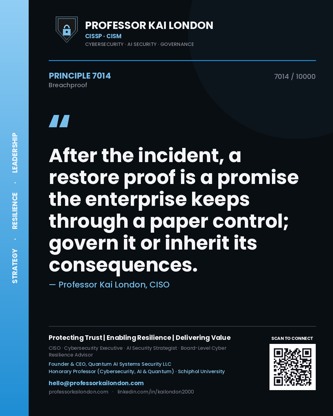 Professor Kai London principle 7014: After the incident, a restore proof is a promise the enterprise keeps through a paper control; govern it or inherit its consequences.