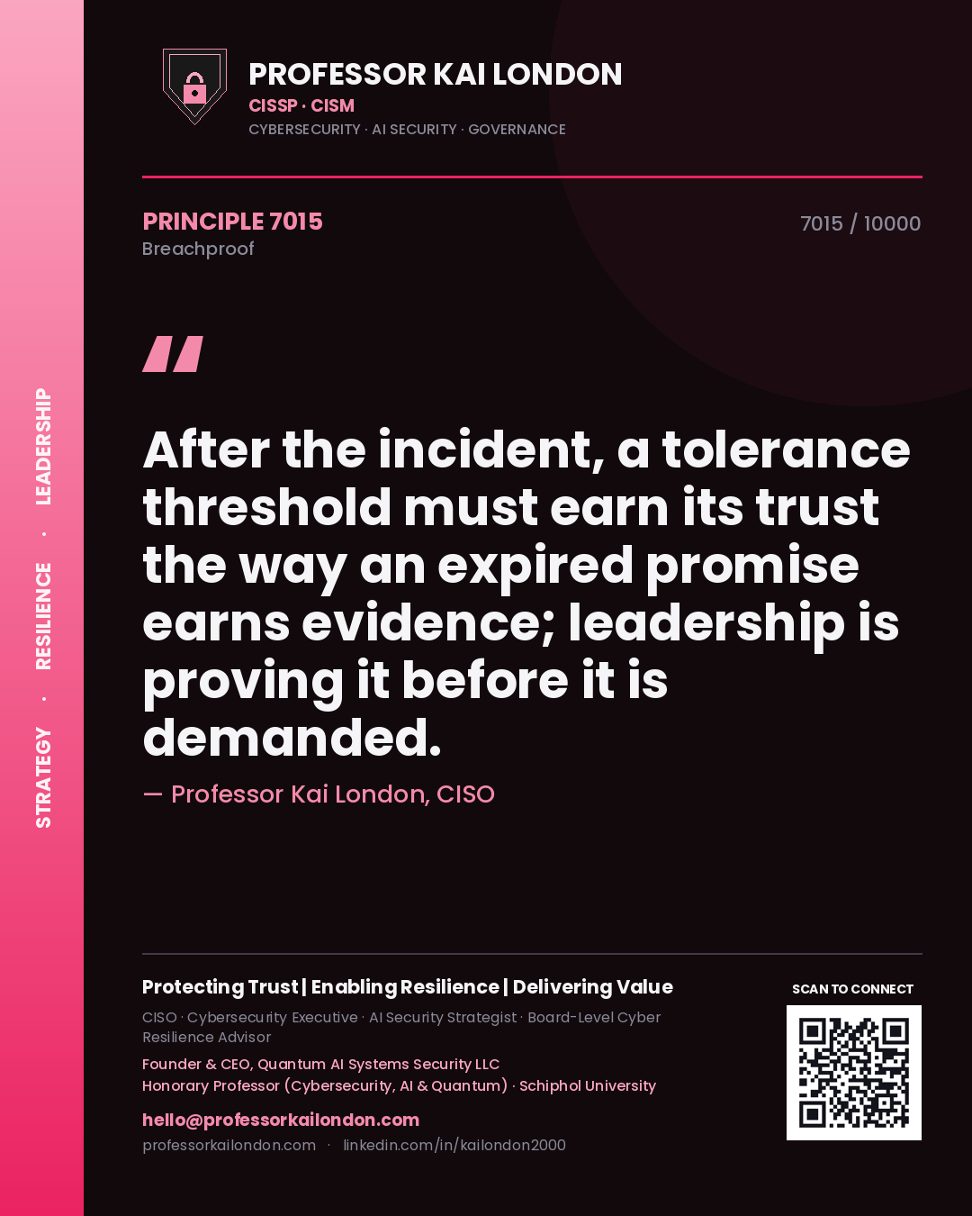 Professor Kai London principle 7015: After the incident, a tolerance threshold must earn its trust the way an expired promise earns evidence; leadership is proving it before it is demanded.