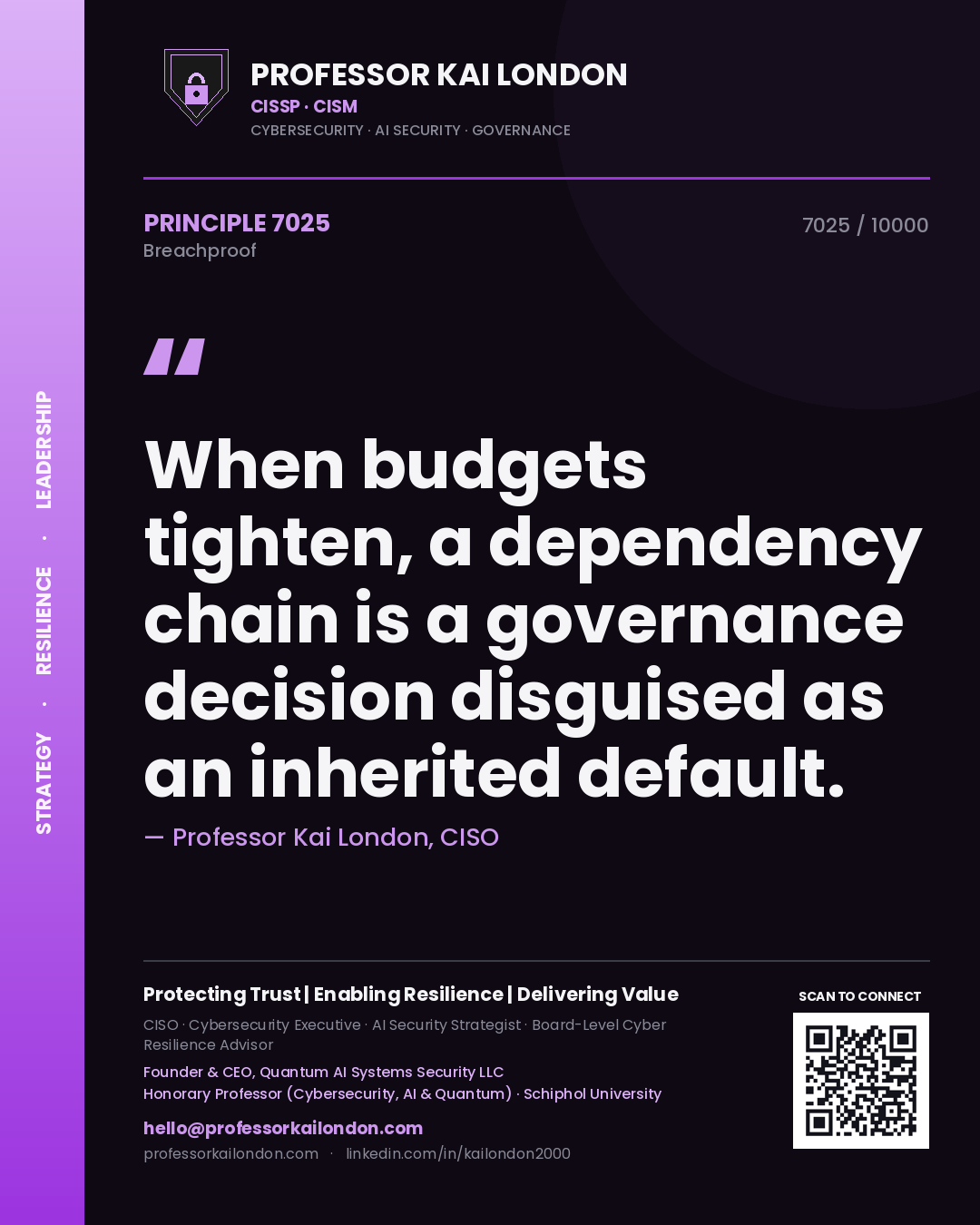 Professor Kai London principle 7025: When budgets tighten, a dependency chain is a governance decision disguised as an inherited default.