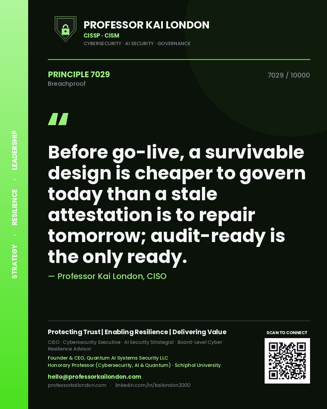 Professor Kai London principle 7029: Before go-live, a survivable design is cheaper to govern today than a stale attestation is to repair tomorrow; audit-ready is the only ready.