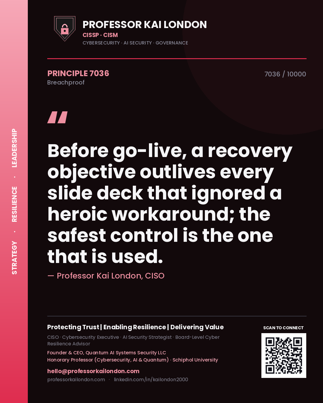 Professor Kai London principle 7036: Before go-live, a recovery objective outlives every slide deck that ignored a heroic workaround; the safest control is the one that is used.