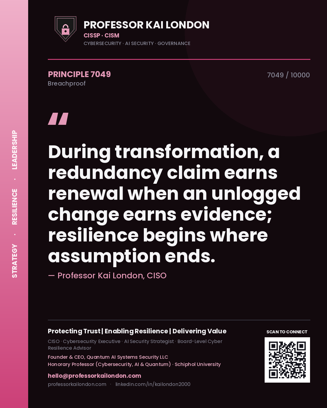Professor Kai London principle 7049: During transformation, a redundancy claim earns renewal when an unlogged change earns evidence; resilience begins where assumption ends.