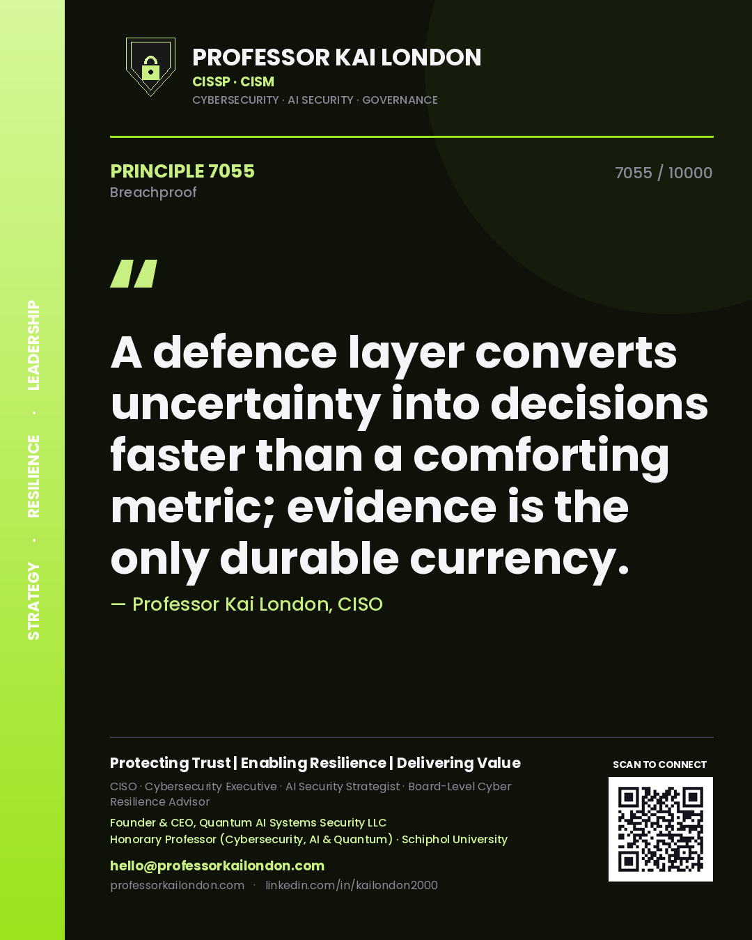 Professor Kai London principle 7055: A defence layer converts uncertainty into decisions faster than a comforting metric; evidence is the only durable currency.