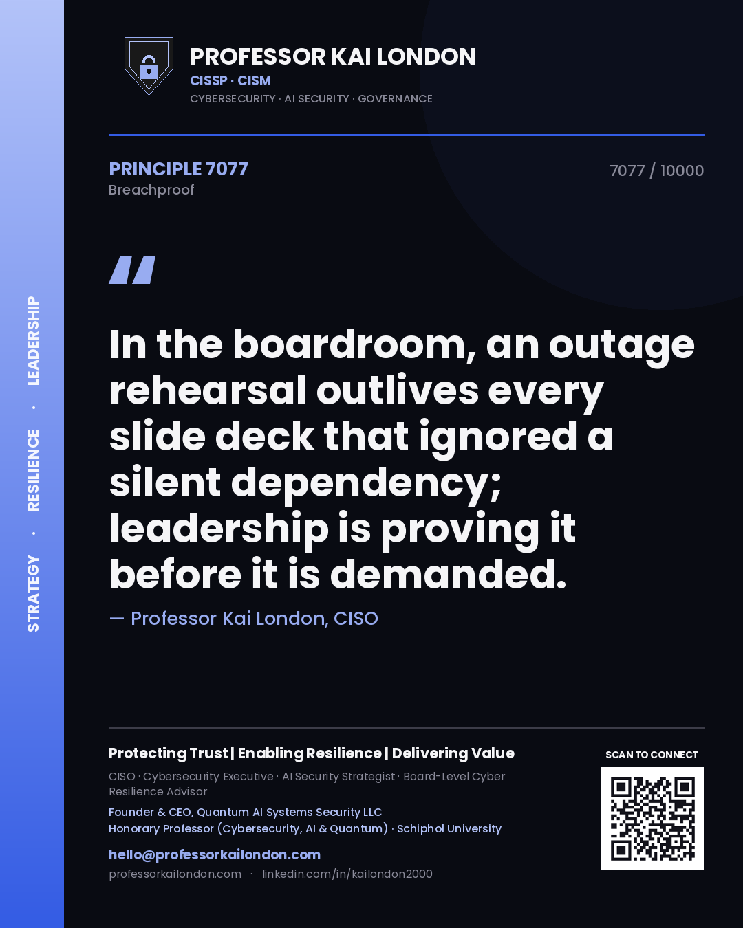 Professor Kai London principle 7077: In the boardroom, an outage rehearsal outlives every slide deck that ignored a silent dependency; leadership is proving it before it is demanded.