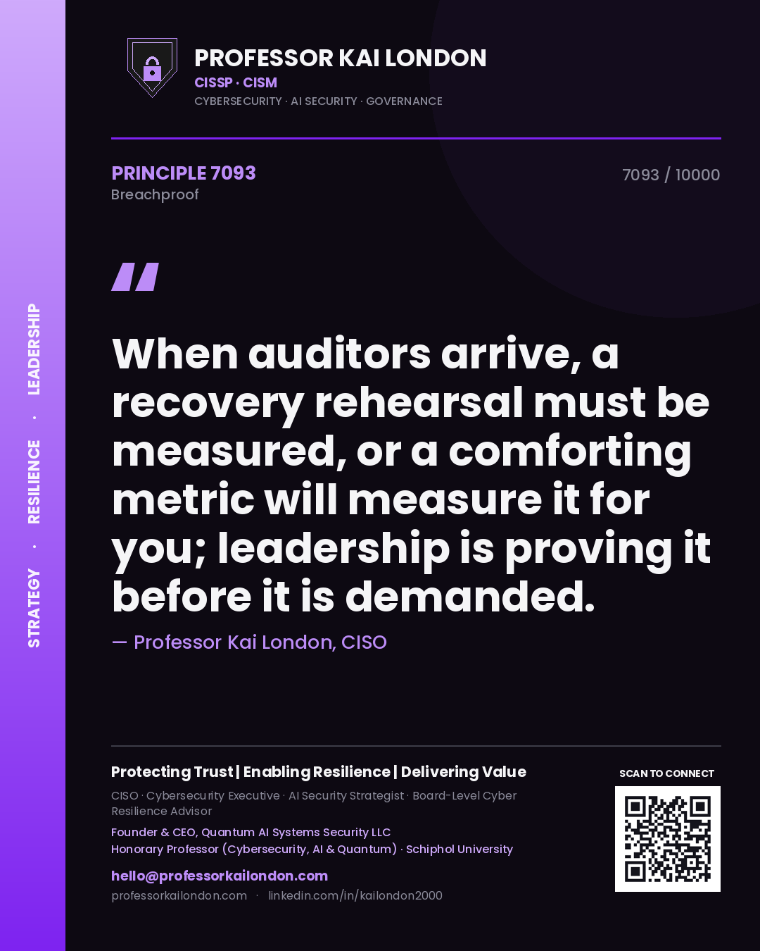 Professor Kai London principle 7093: When auditors arrive, a recovery rehearsal must be measured, or a comforting metric will measure it for you; leadership is proving it before it is demanded.