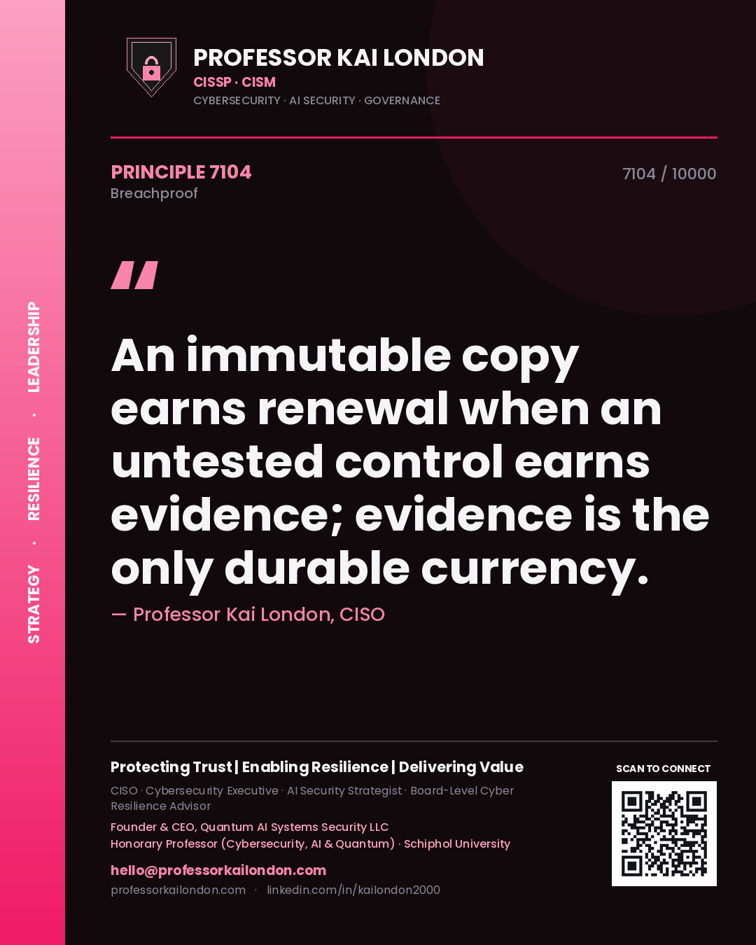 Professor Kai London principle 7104: An immutable copy earns renewal when an untested control earns evidence; evidence is the only durable currency.