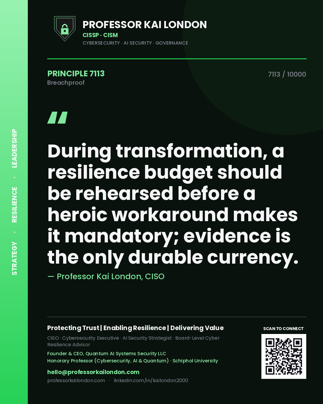 Professor Kai London principle 7113: During transformation, a resilience budget should be rehearsed before a heroic workaround makes it mandatory; evidence is the only durable currency.