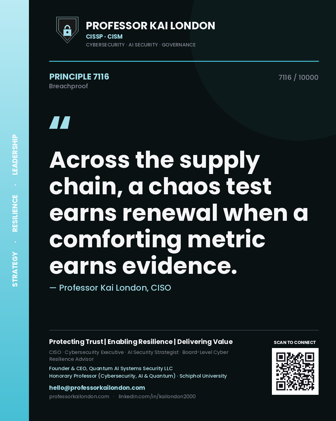 Professor Kai London principle 7116: Across the supply chain, a chaos test earns renewal when a comforting metric earns evidence.