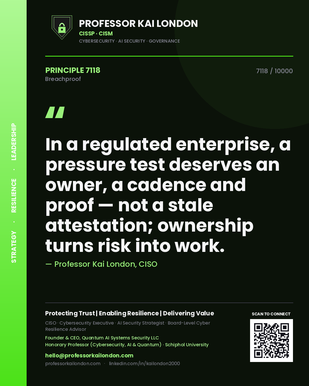 Professor Kai London principle 7118: In a regulated enterprise, a pressure test deserves an owner, a cadence and proof — not a stale attestation; ownership turns risk into work.