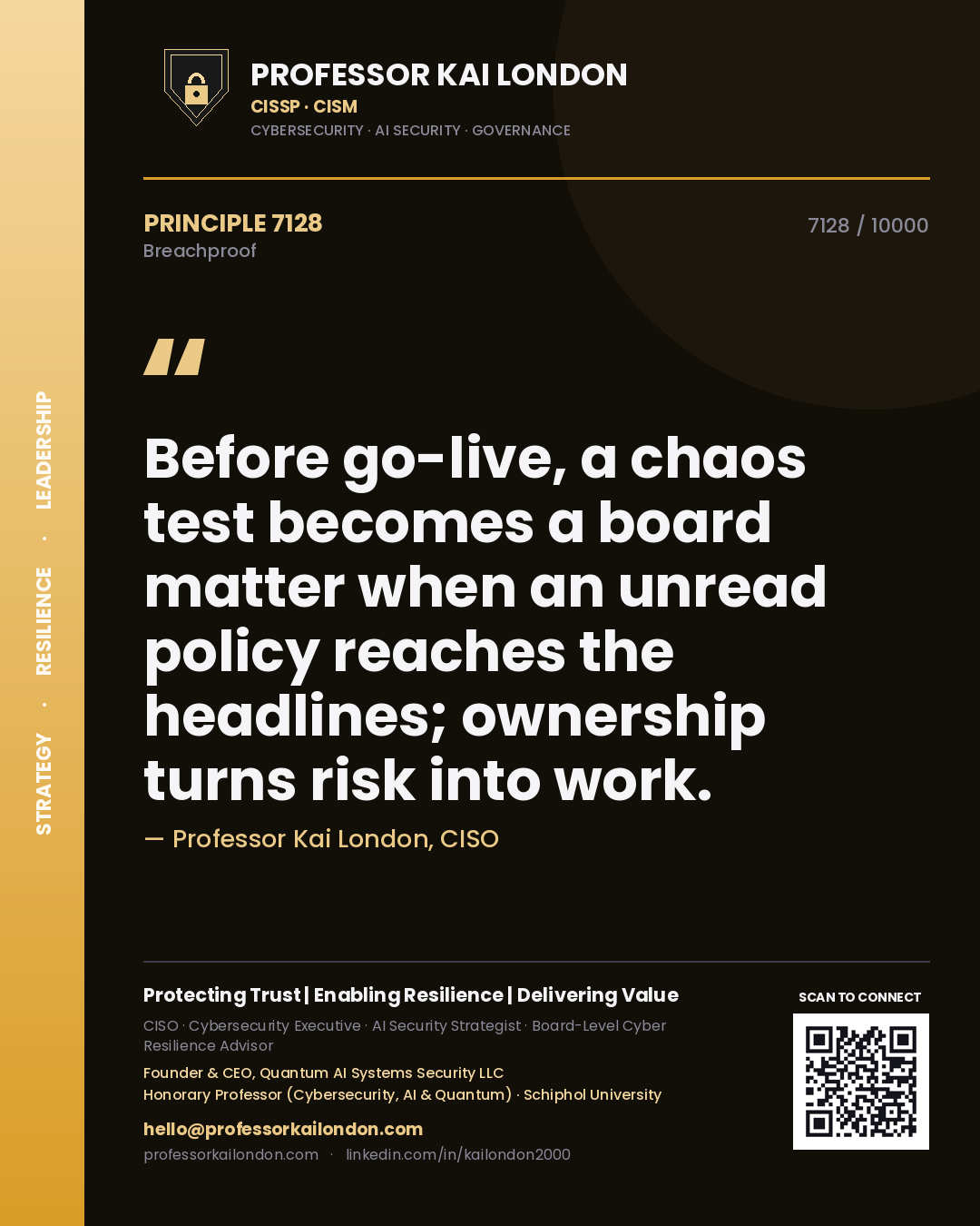 Professor Kai London principle 7128: Before go-live, a chaos test becomes a board matter when an unread policy reaches the headlines; ownership turns risk into work.