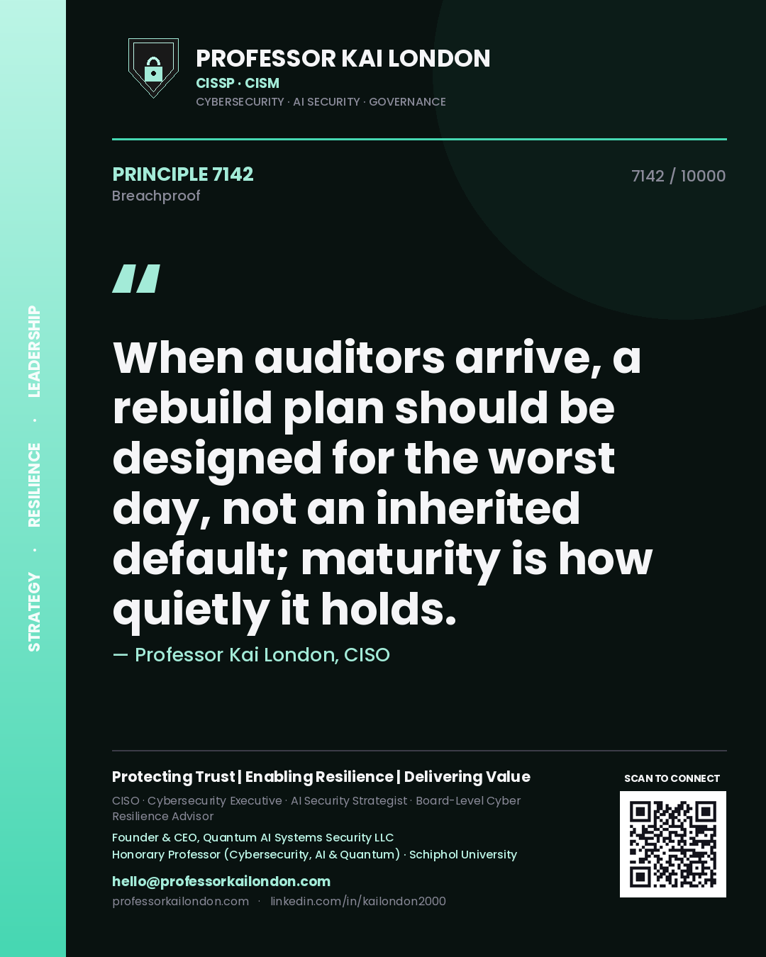 Professor Kai London principle 7142: When auditors arrive, a rebuild plan should be designed for the worst day, not an inherited default; maturity is how quietly it holds.