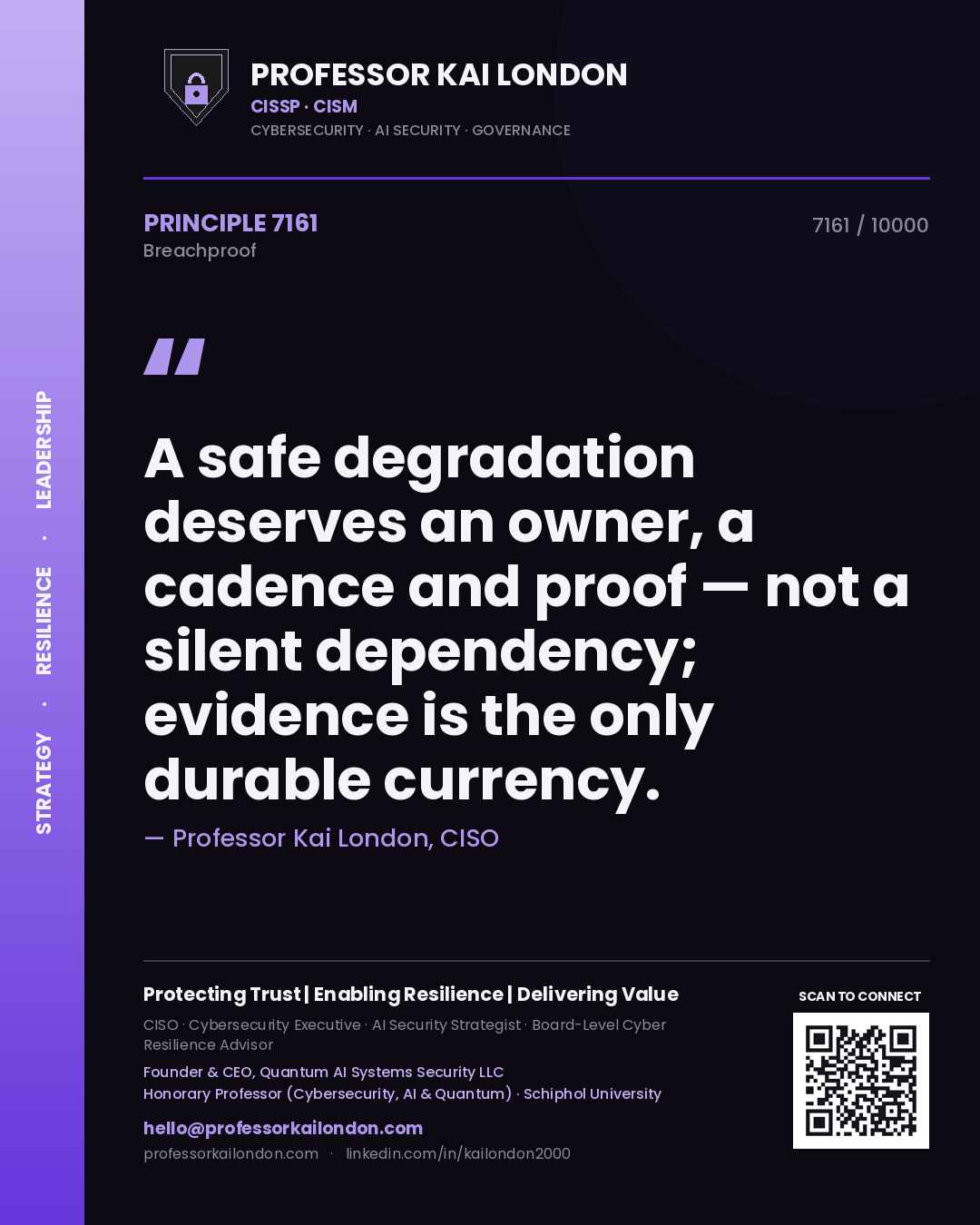 Professor Kai London principle 7161: A safe degradation deserves an owner, a cadence and proof — not a silent dependency; evidence is the only durable currency.