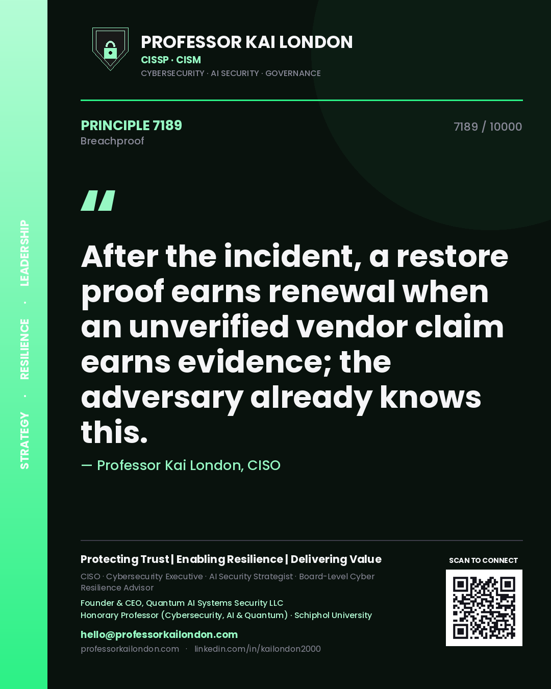 Professor Kai London principle 7189: After the incident, a restore proof earns renewal when an unverified vendor claim earns evidence; the adversary already knows this.