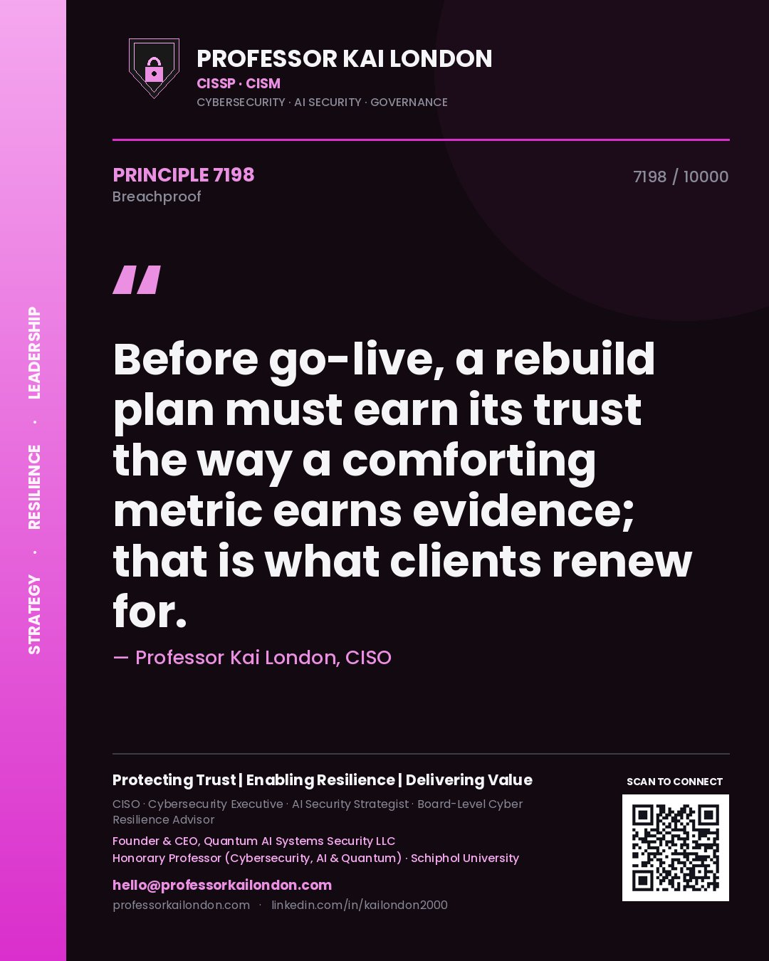 Professor Kai London principle 7198: Before go-live, a rebuild plan must earn its trust the way a comforting metric earns evidence; that is what clients renew for.