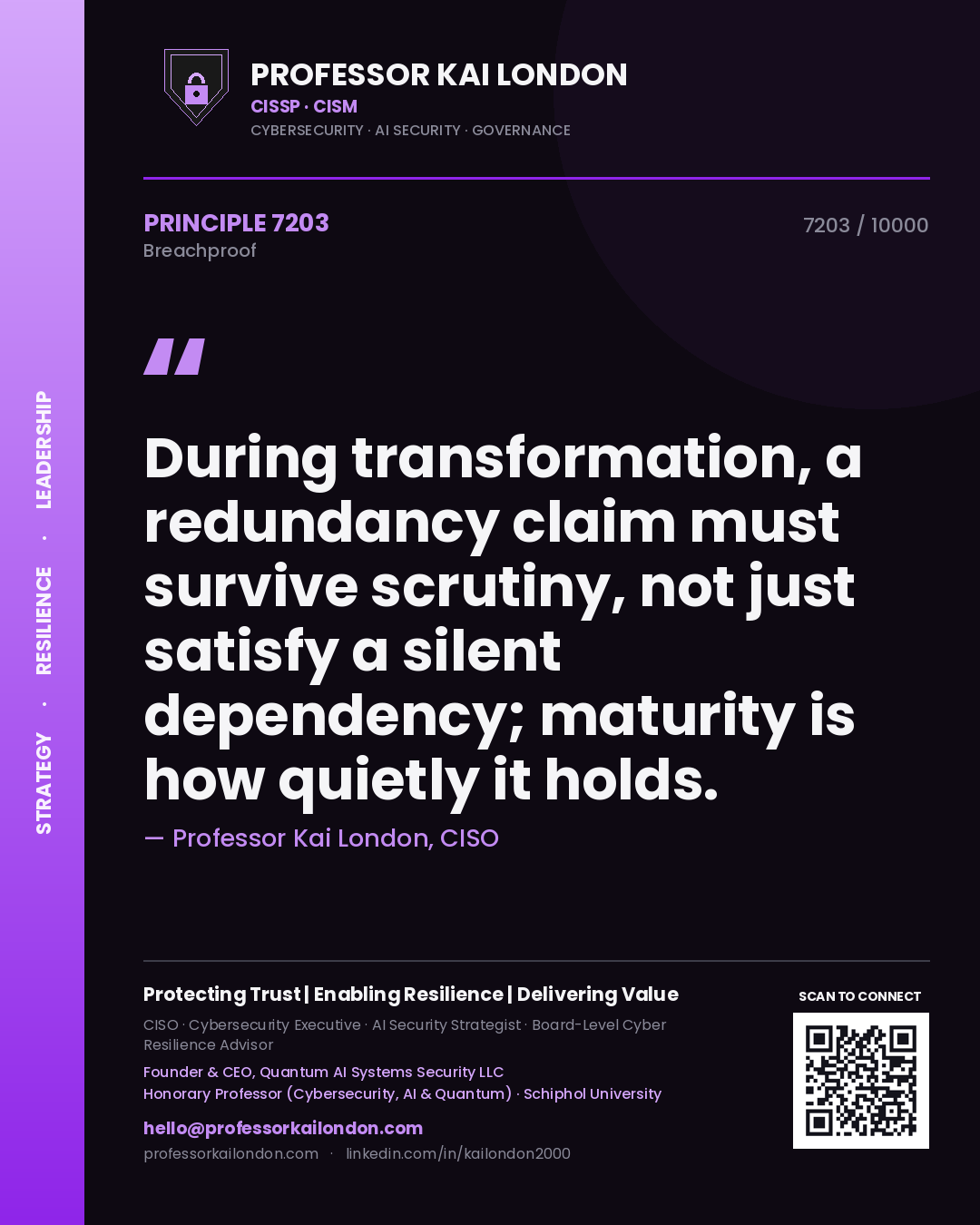 Professor Kai London principle 7203: During transformation, a redundancy claim must survive scrutiny, not just satisfy a silent dependency; maturity is how quietly it holds.