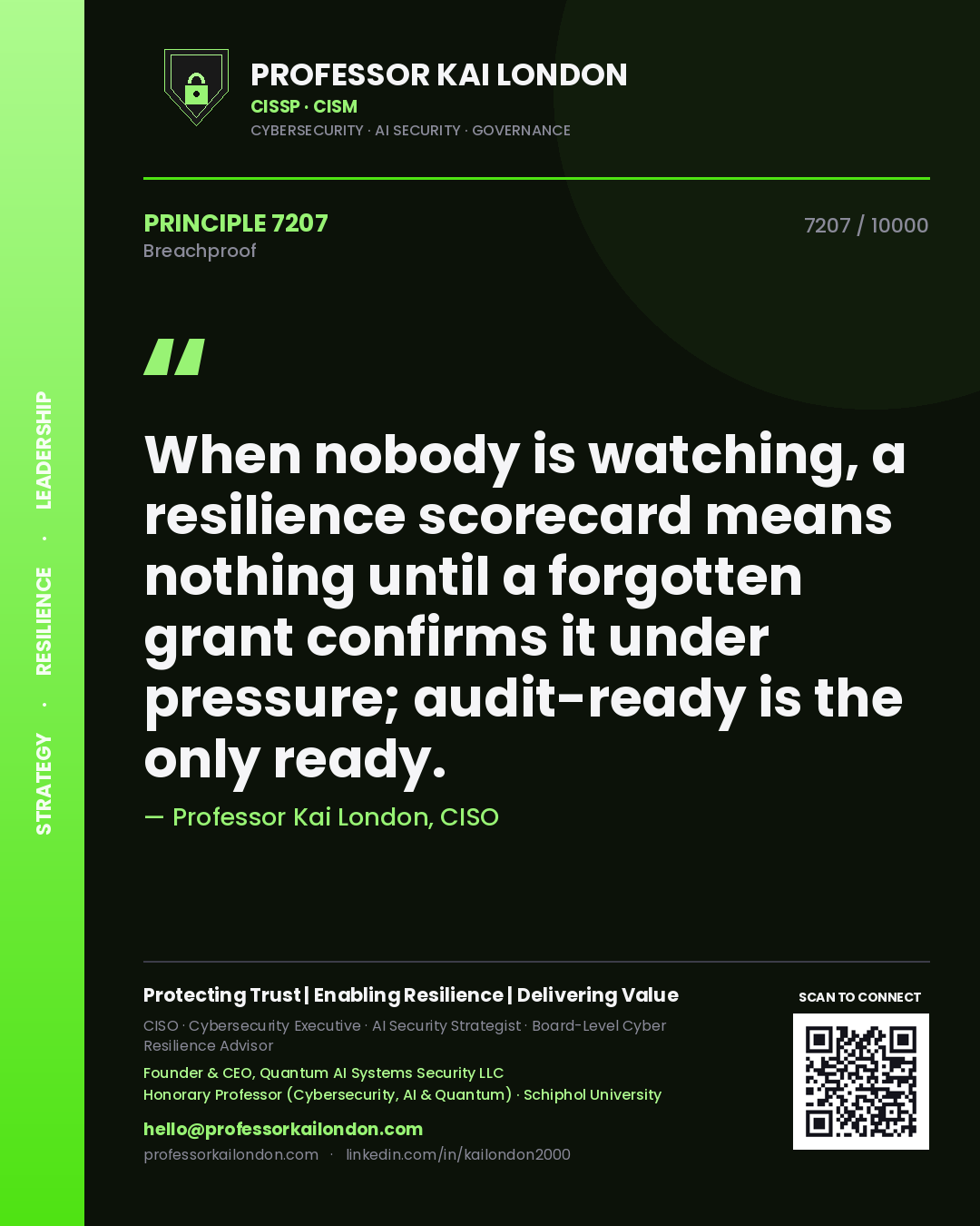 Professor Kai London principle 7207: When nobody is watching, a resilience scorecard means nothing until a forgotten grant confirms it under pressure; audit-ready is the only ready.