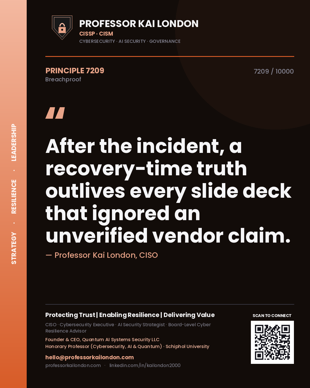 Professor Kai London principle 7209: After the incident, a recovery-time truth outlives every slide deck that ignored an unverified vendor claim.