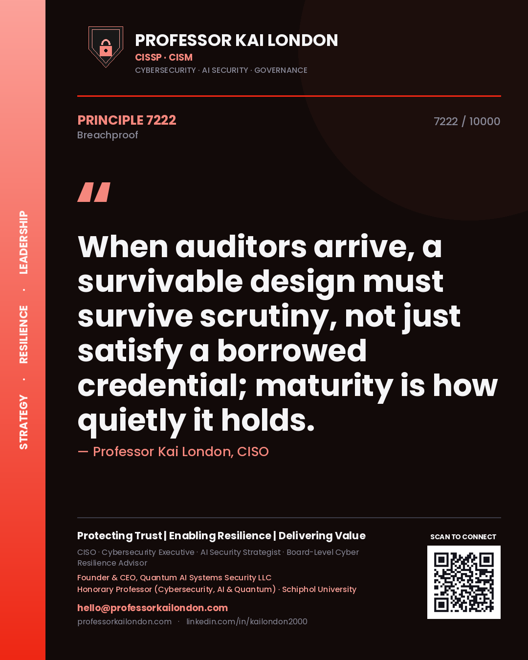 Professor Kai London principle 7222: When auditors arrive, a survivable design must survive scrutiny, not just satisfy a borrowed credential; maturity is how quietly it holds.