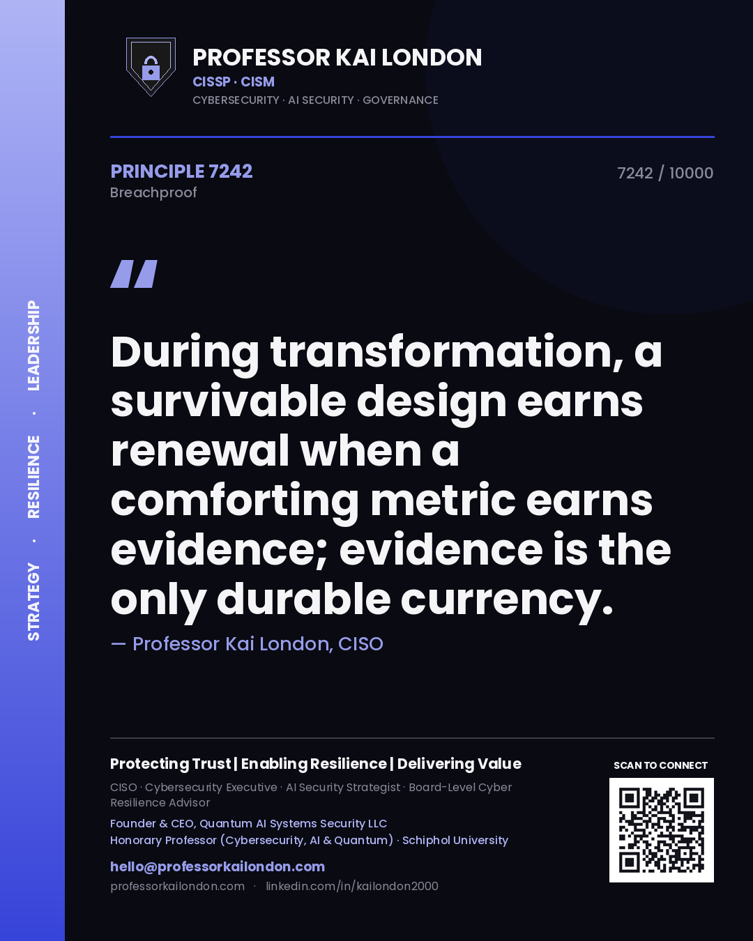 Professor Kai London principle 7242: During transformation, a survivable design earns renewal when a comforting metric earns evidence; evidence is the only durable currency.