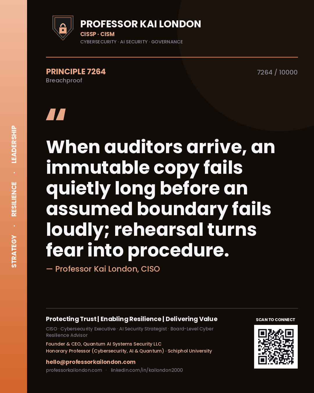 Professor Kai London principle 7264: When auditors arrive, an immutable copy fails quietly long before an assumed boundary fails loudly; rehearsal turns fear into procedure.