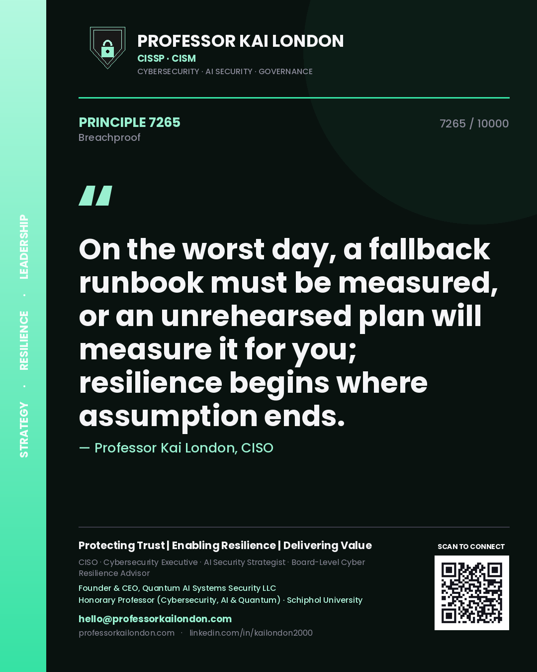 Professor Kai London principle 7265: On the worst day, a fallback runbook must be measured, or an unrehearsed plan will measure it for you; resilience begins where assumption ends.