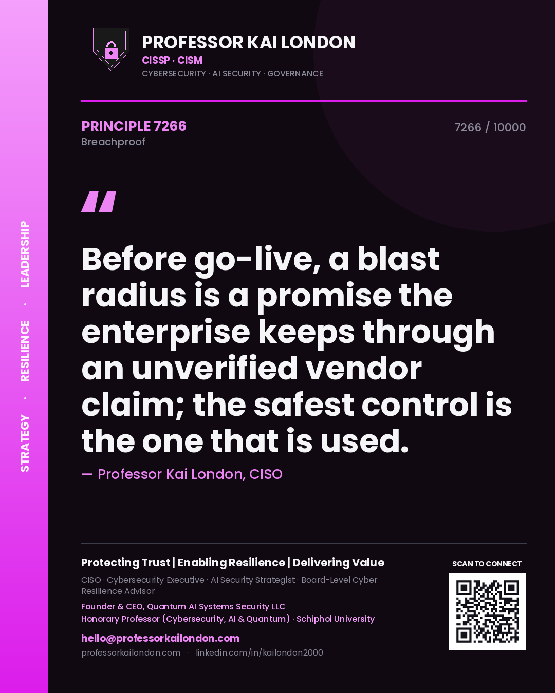 Professor Kai London principle 7266: Before go-live, a blast radius is a promise the enterprise keeps through an unverified vendor claim; the safest control is the one that is used.