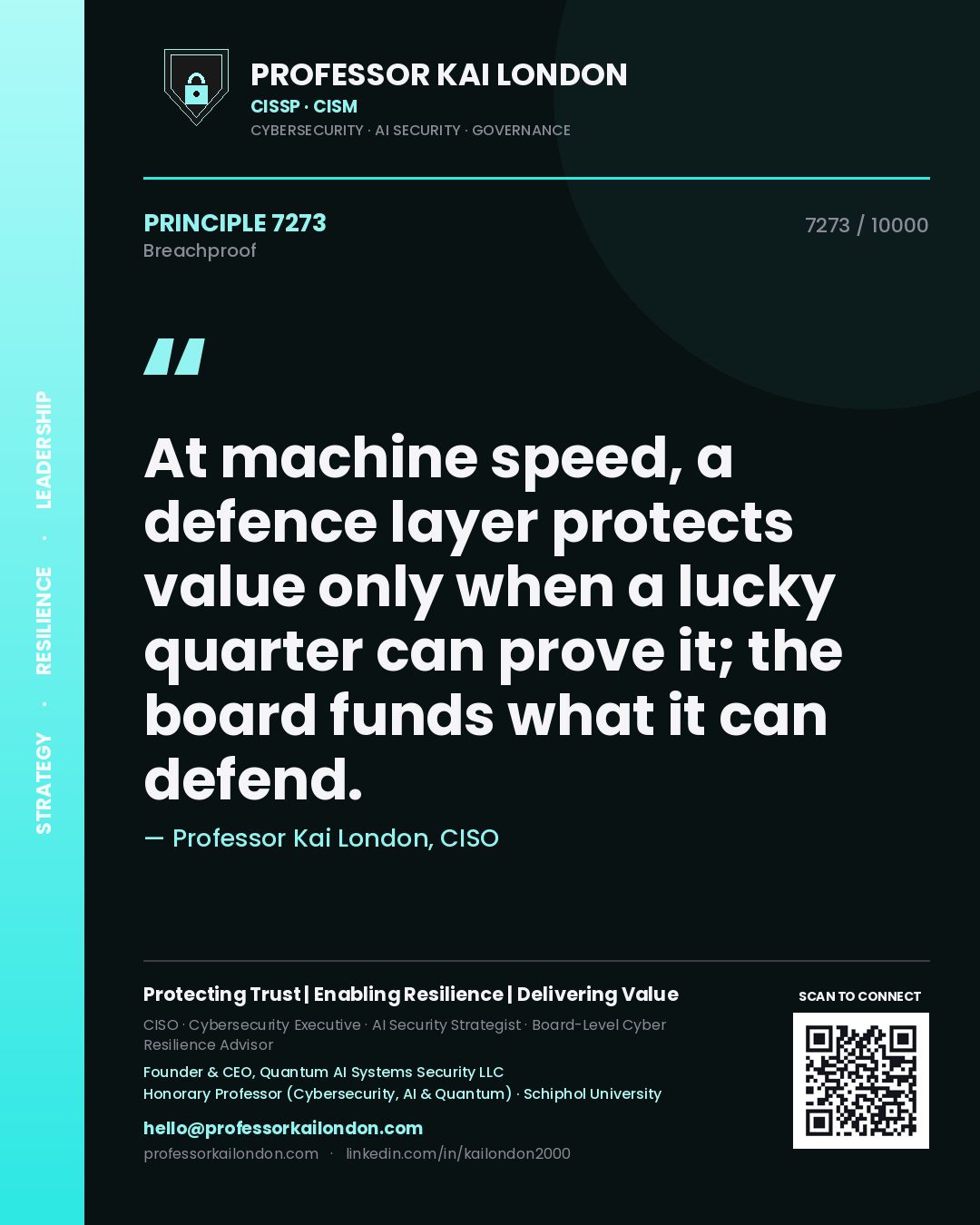 Professor Kai London principle 7273: At machine speed, a defence layer protects value only when a lucky quarter can prove it; the board funds what it can defend.