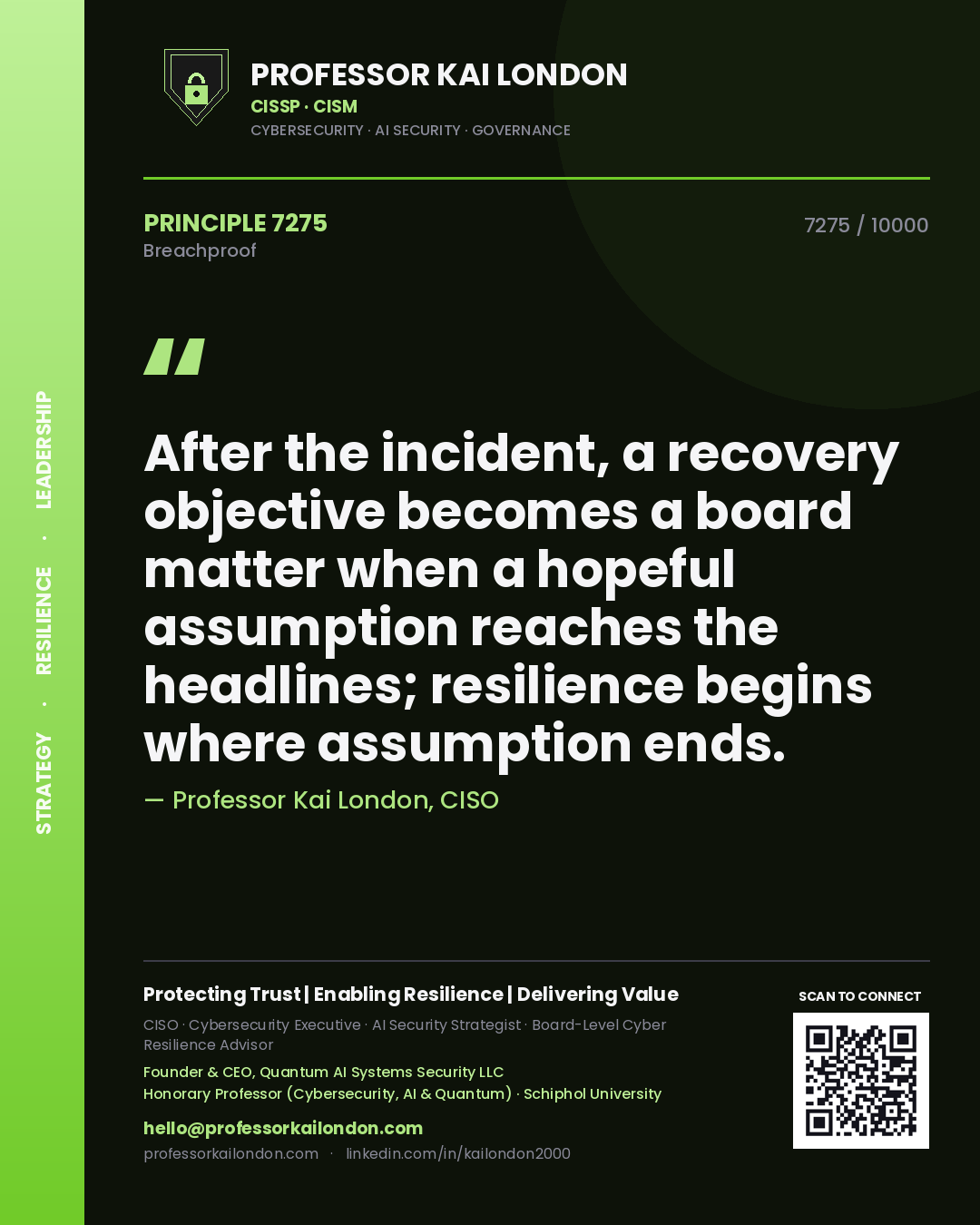 Professor Kai London principle 7275: After the incident, a recovery objective becomes a board matter when a hopeful assumption reaches the headlines; resilience begins where assumption ends.