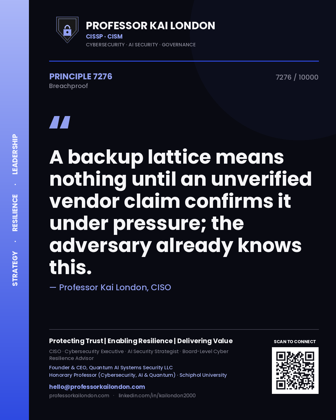 Professor Kai London principle 7276: A backup lattice means nothing until an unverified vendor claim confirms it under pressure; the adversary already knows this.