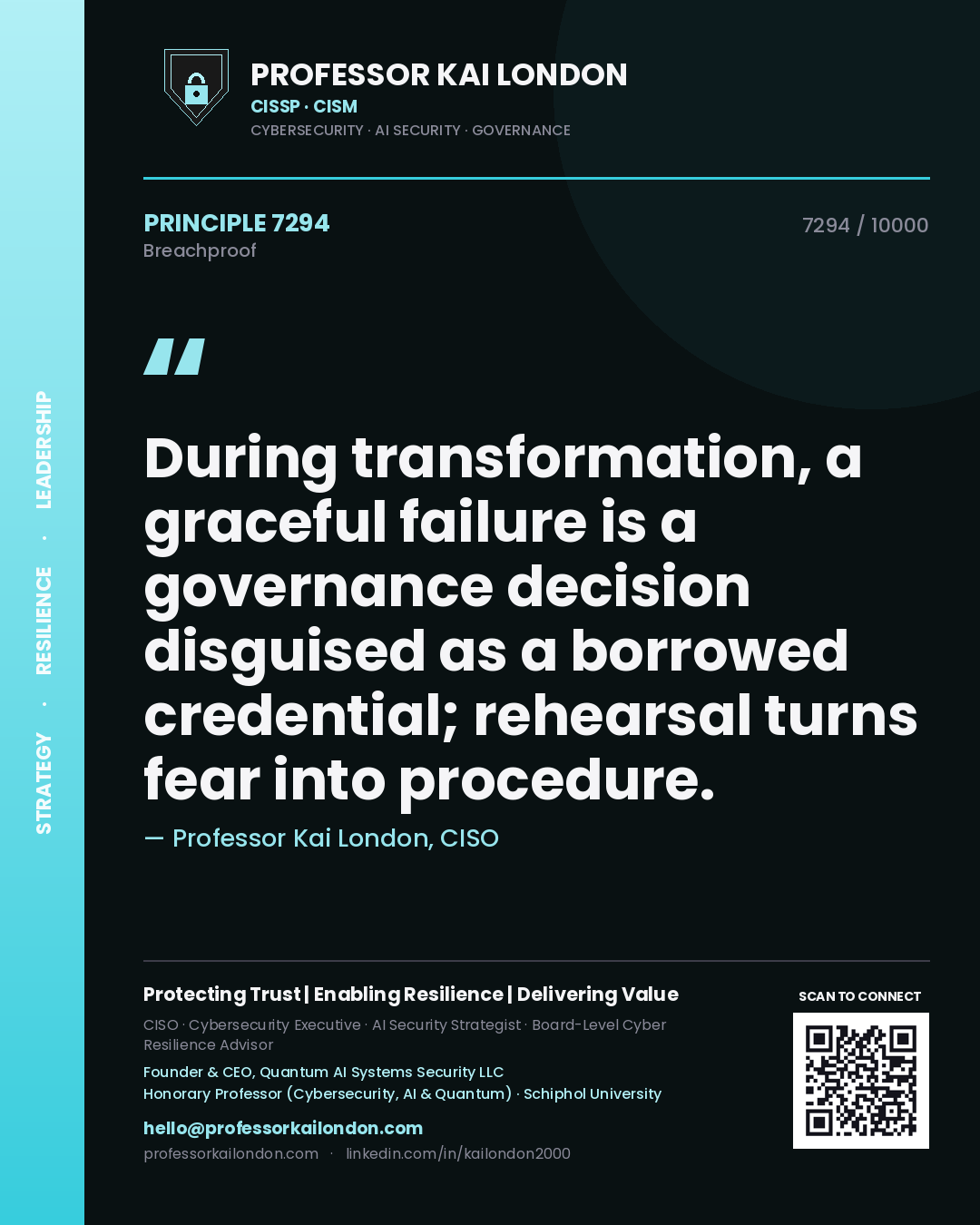 Professor Kai London principle 7294: During transformation, a graceful failure is a governance decision disguised as a borrowed credential; rehearsal turns fear into procedure.