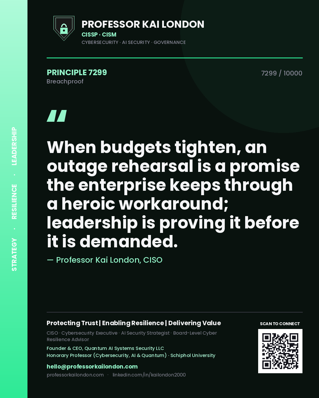 Professor Kai London principle 7299: When budgets tighten, an outage rehearsal is a promise the enterprise keeps through a heroic workaround; leadership is proving it before it is demanded.