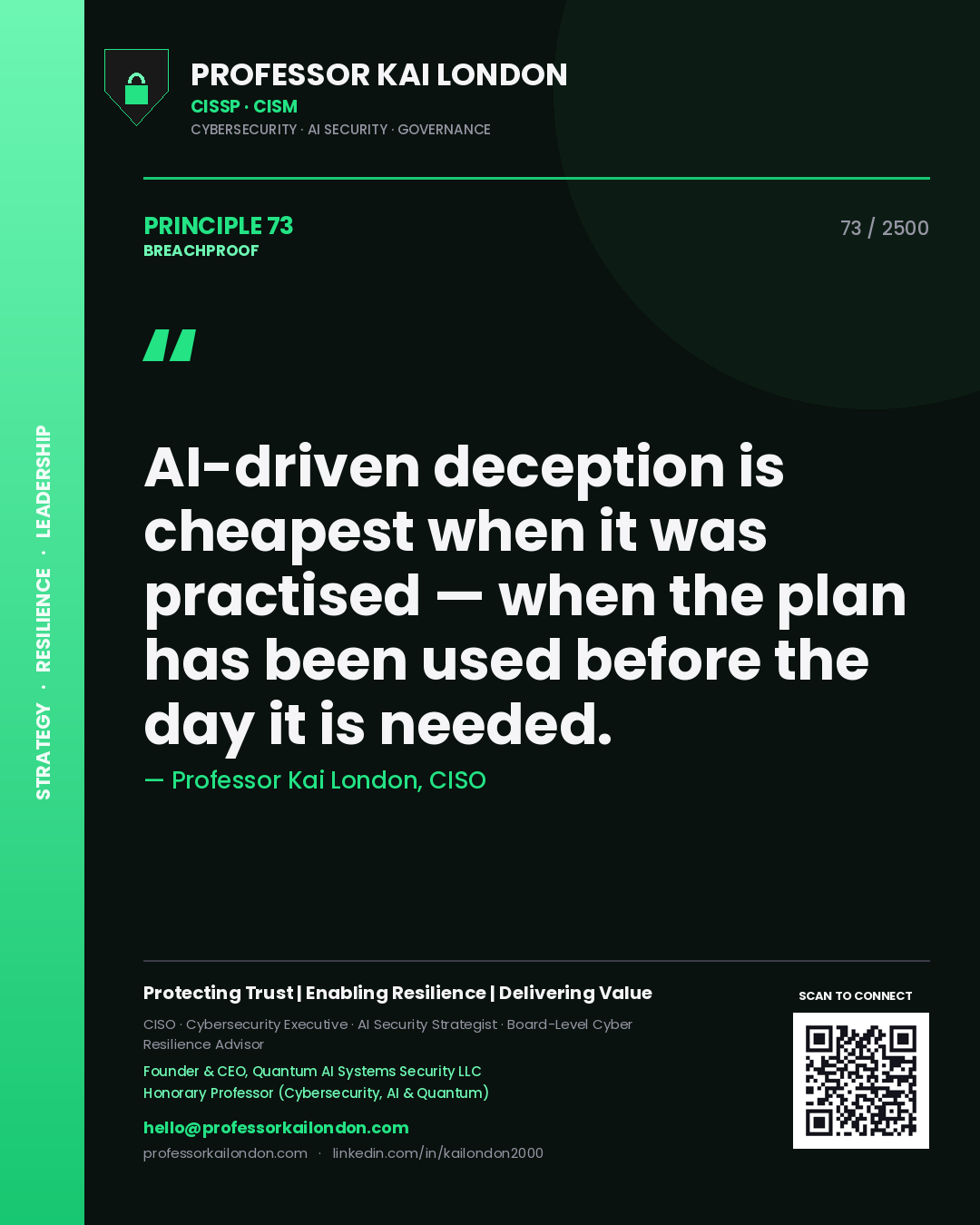 Professor Kai London principle 73: AI-driven deception is cheapest when it was practised — when the plan has been used before the day it is needed.
