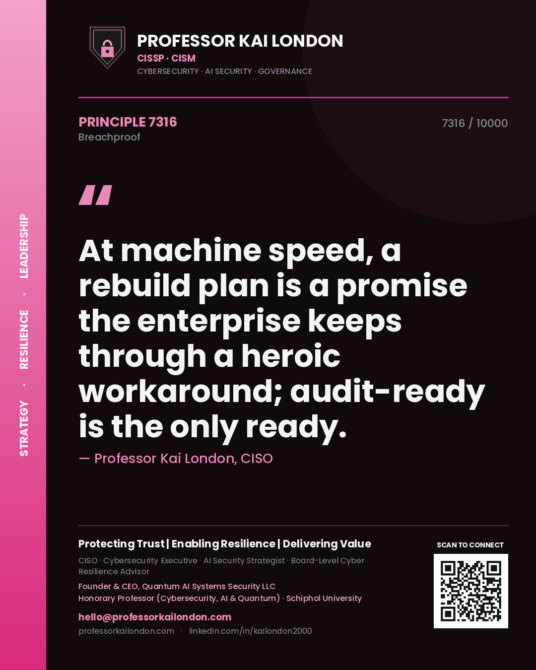 Professor Kai London principle 7316: At machine speed, a rebuild plan is a promise the enterprise keeps through a heroic workaround; audit-ready is the only ready.