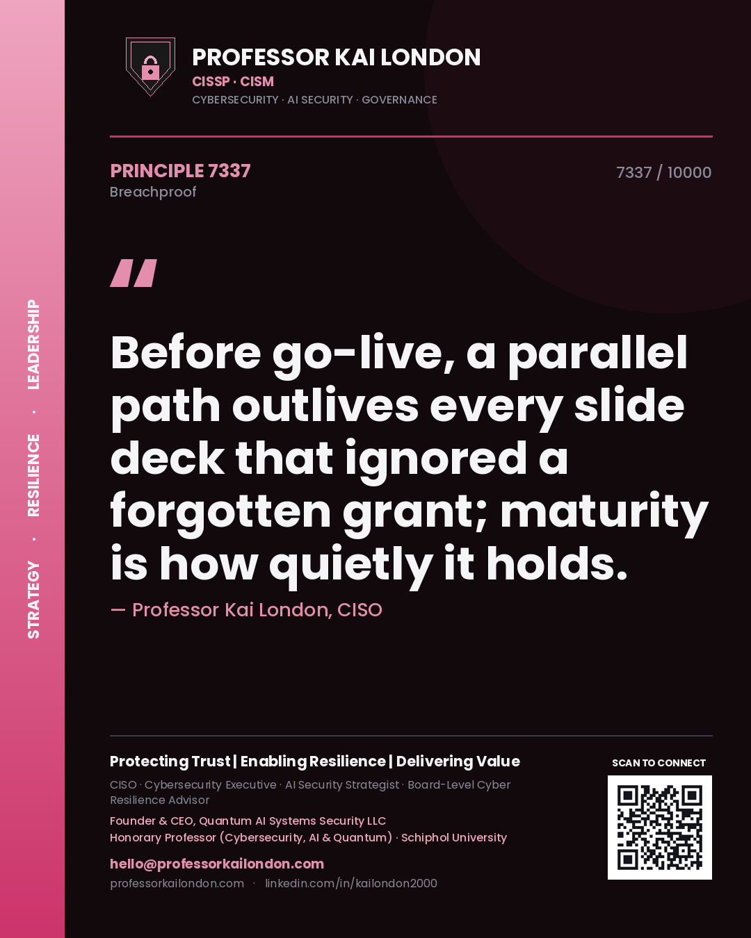 Professor Kai London principle 7337: Before go-live, a parallel path outlives every slide deck that ignored a forgotten grant; maturity is how quietly it holds.