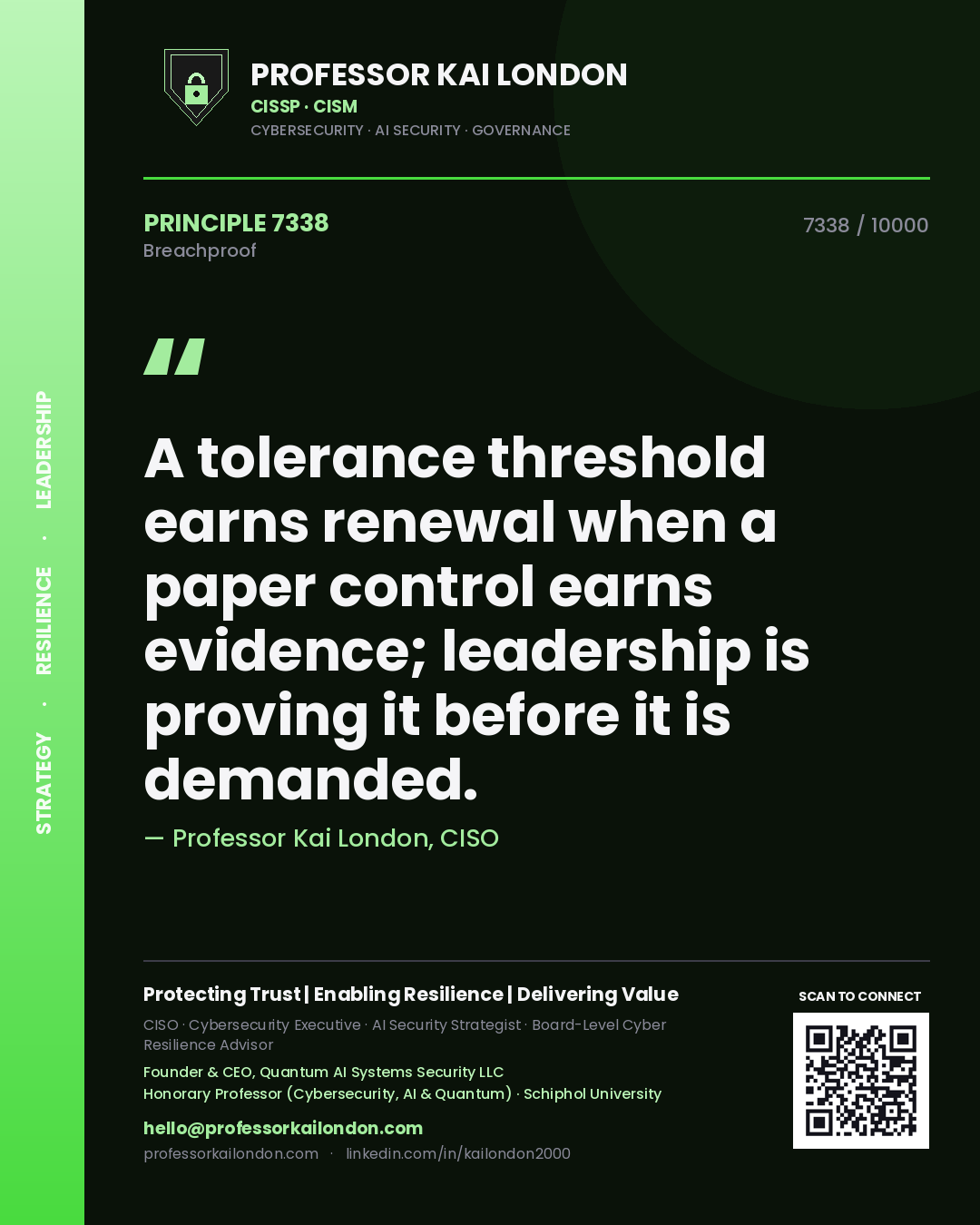 Professor Kai London principle 7338: A tolerance threshold earns renewal when a paper control earns evidence; leadership is proving it before it is demanded.