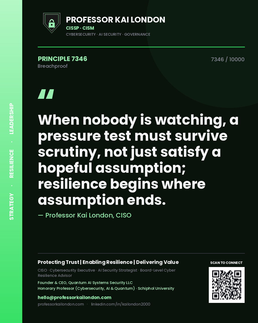 Professor Kai London principle 7346: When nobody is watching, a pressure test must survive scrutiny, not just satisfy a hopeful assumption; resilience begins where assumption ends.