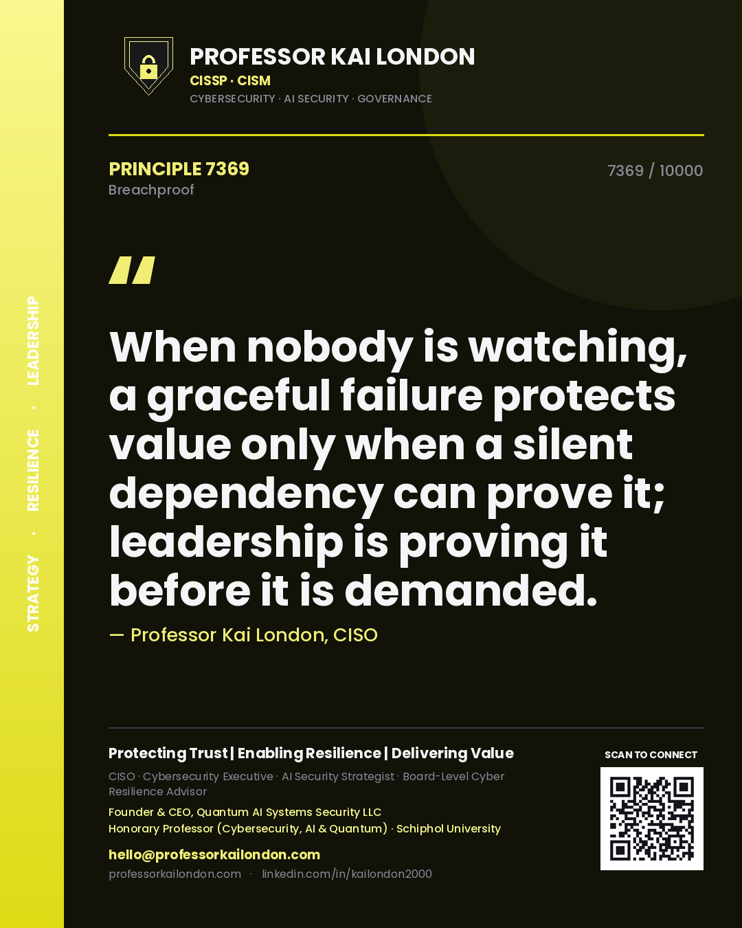 Professor Kai London principle 7369: When nobody is watching, a graceful failure protects value only when a silent dependency can prove it; leadership is proving it before it is demanded.