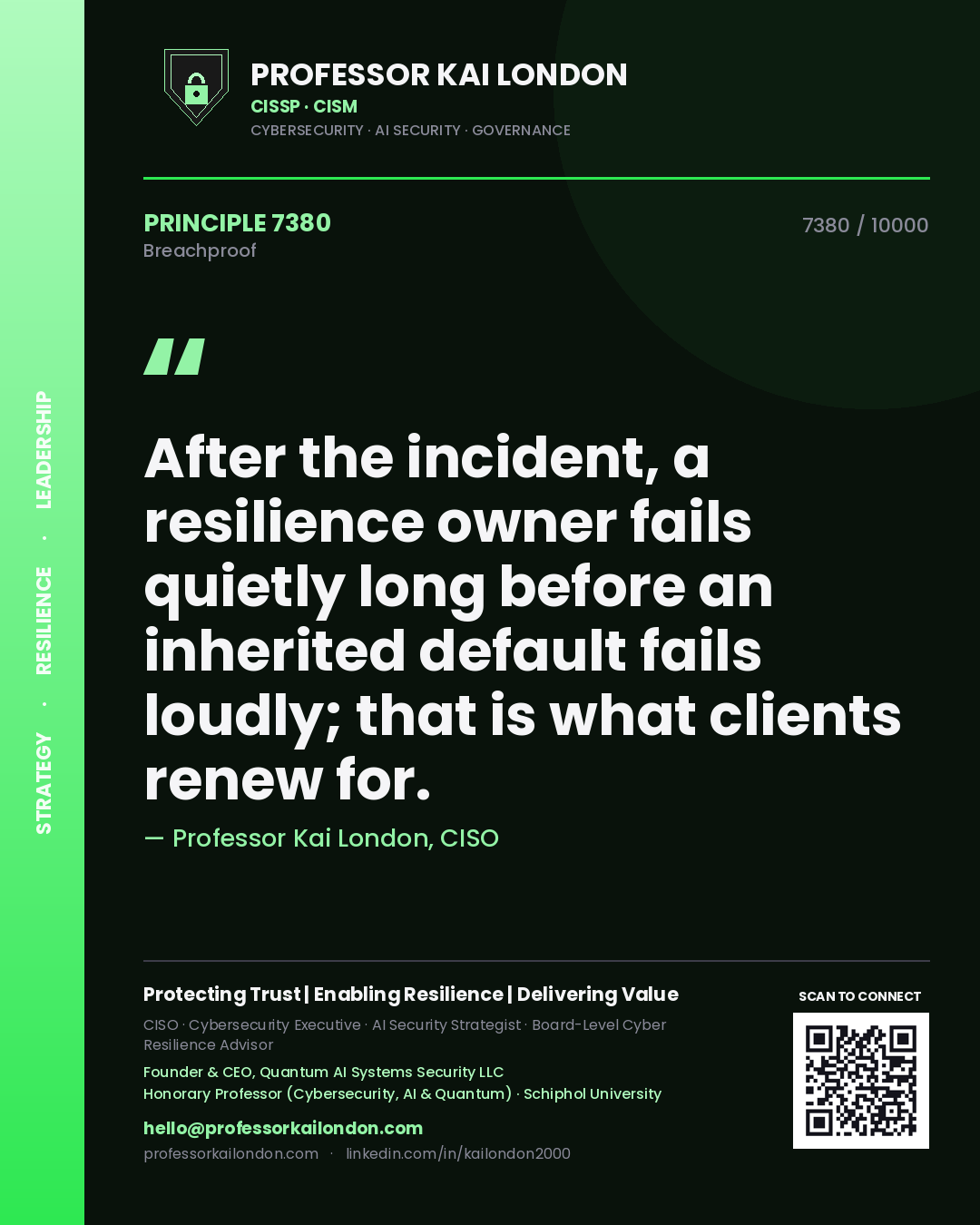 Professor Kai London principle 7380: After the incident, a resilience owner fails quietly long before an inherited default fails loudly; that is what clients renew for.