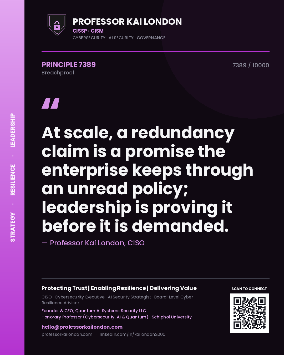 Professor Kai London principle 7389: At scale, a redundancy claim is a promise the enterprise keeps through an unread policy; leadership is proving it before it is demanded.