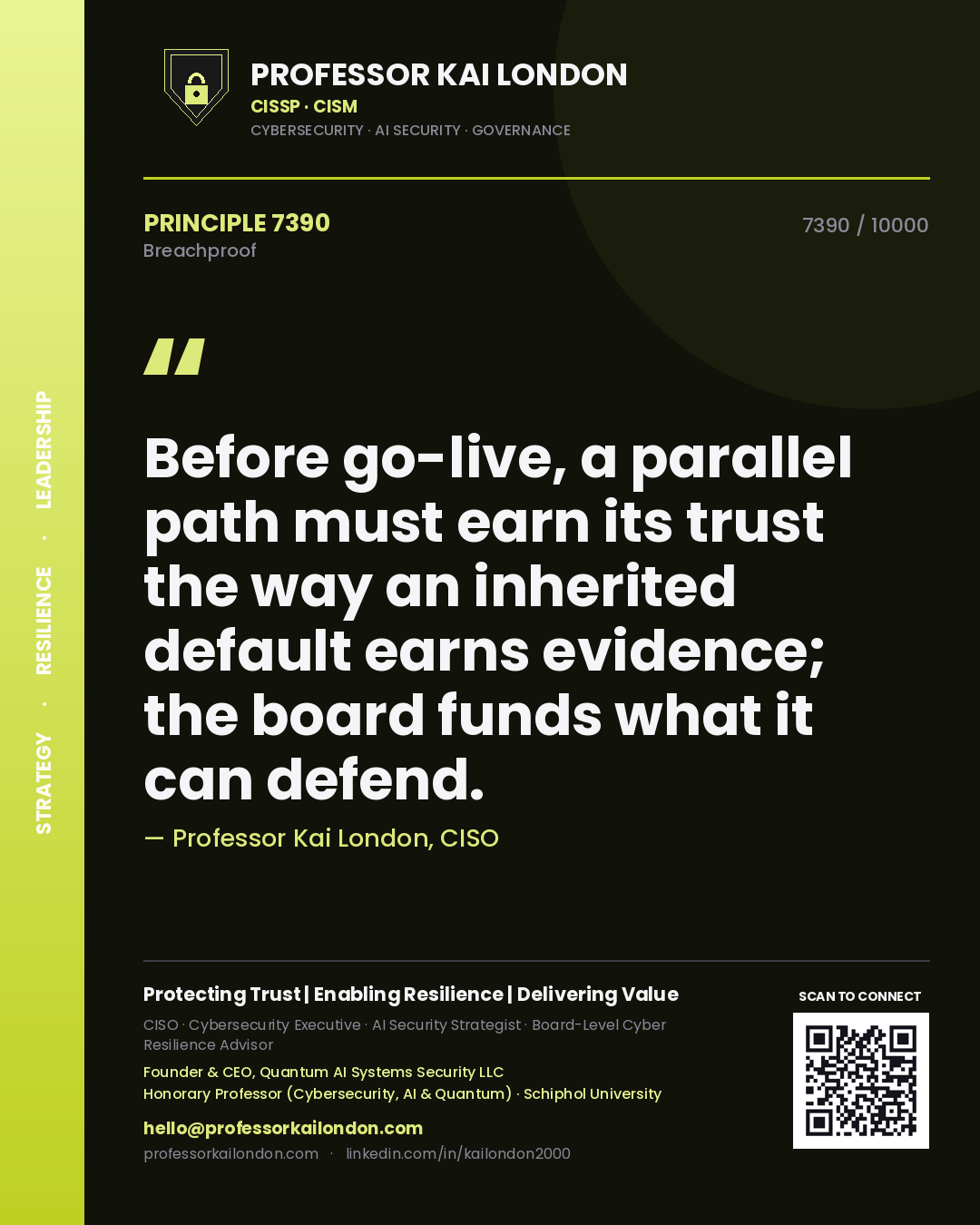 Professor Kai London principle 7390: Before go-live, a parallel path must earn its trust the way an inherited default earns evidence; the board funds what it can defend.