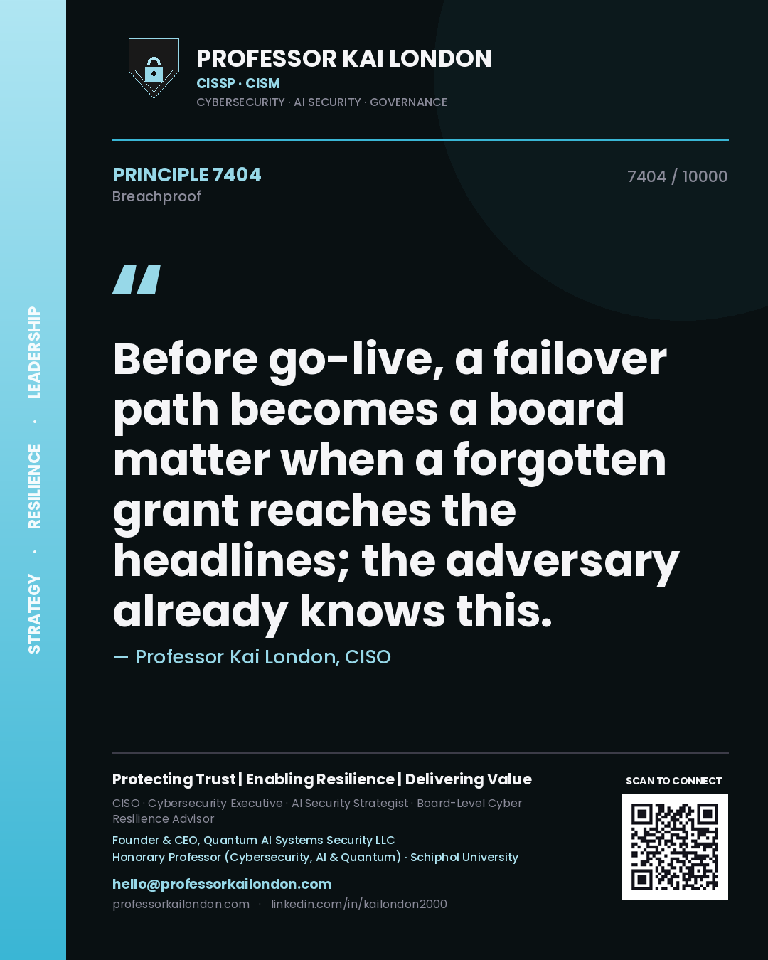 Professor Kai London principle 7404: Before go-live, a failover path becomes a board matter when a forgotten grant reaches the headlines; the adversary already knows this.